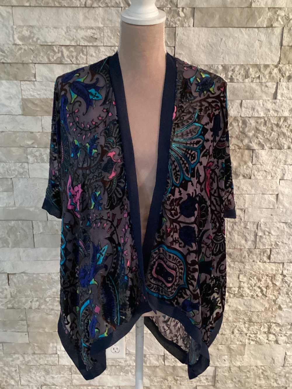 Soft Surroundings Sophia Velvet Burnout Floral Kimono Topper Blue Purple Pink